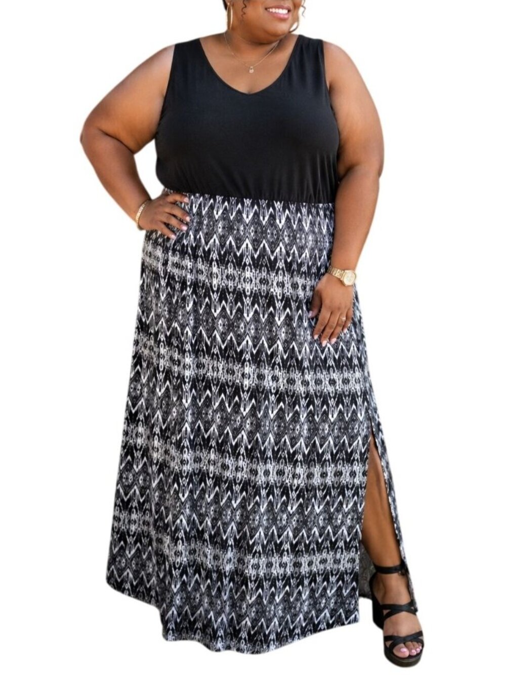 Faded Glory Size XL Dress Maxi Sleeveless Black White Geometric Pattern